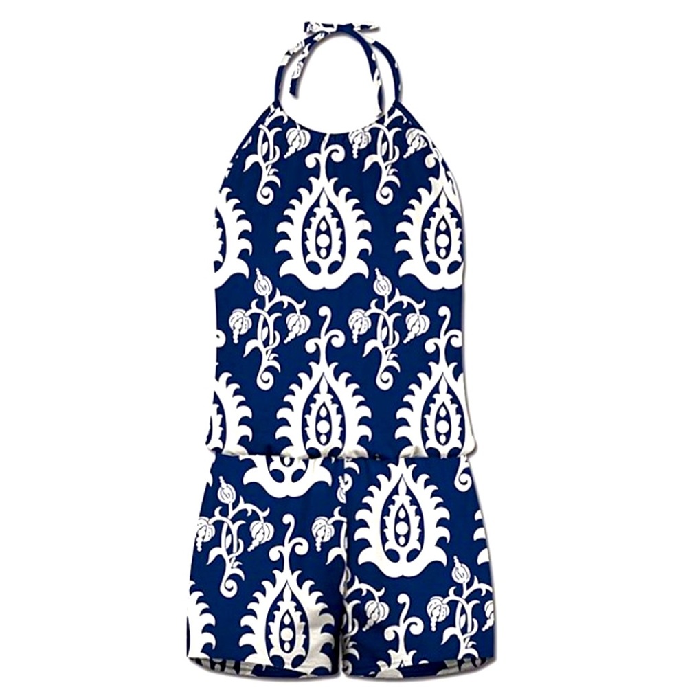 New: UDEAR Women’s Navy & White Floral Baroque Halter Romper size L.